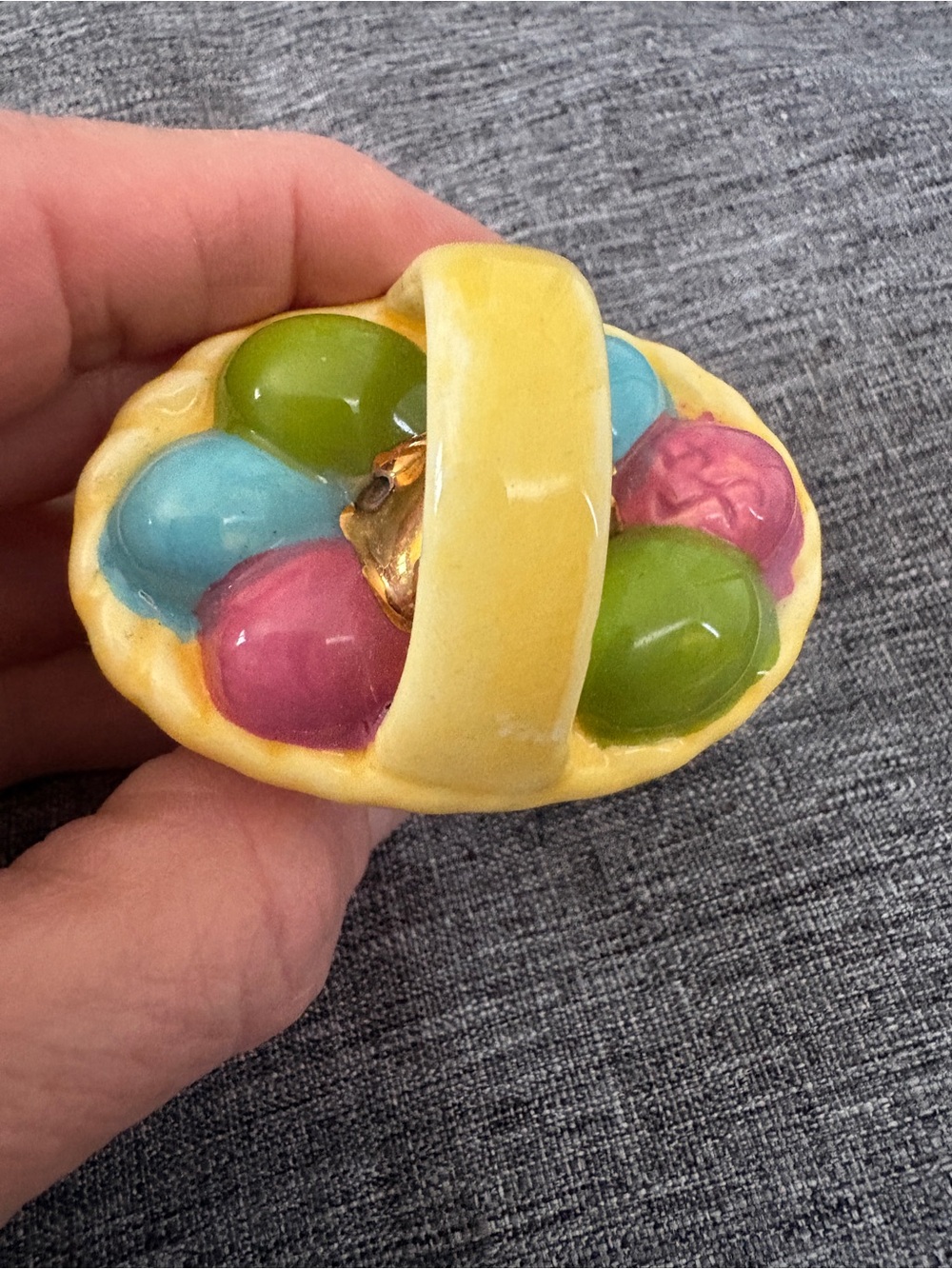 Nora Fleming Ceramic Easter Basket Pin with Colorful Eggs - Yellow